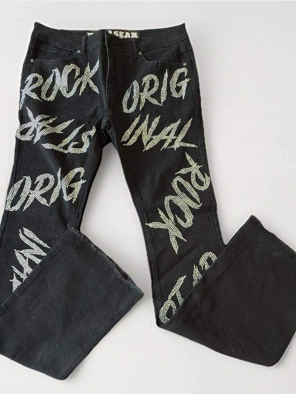 Rockstar Original Black Label Jeans Size 34 Iced Out Bedazzled Gems Fray Cuff